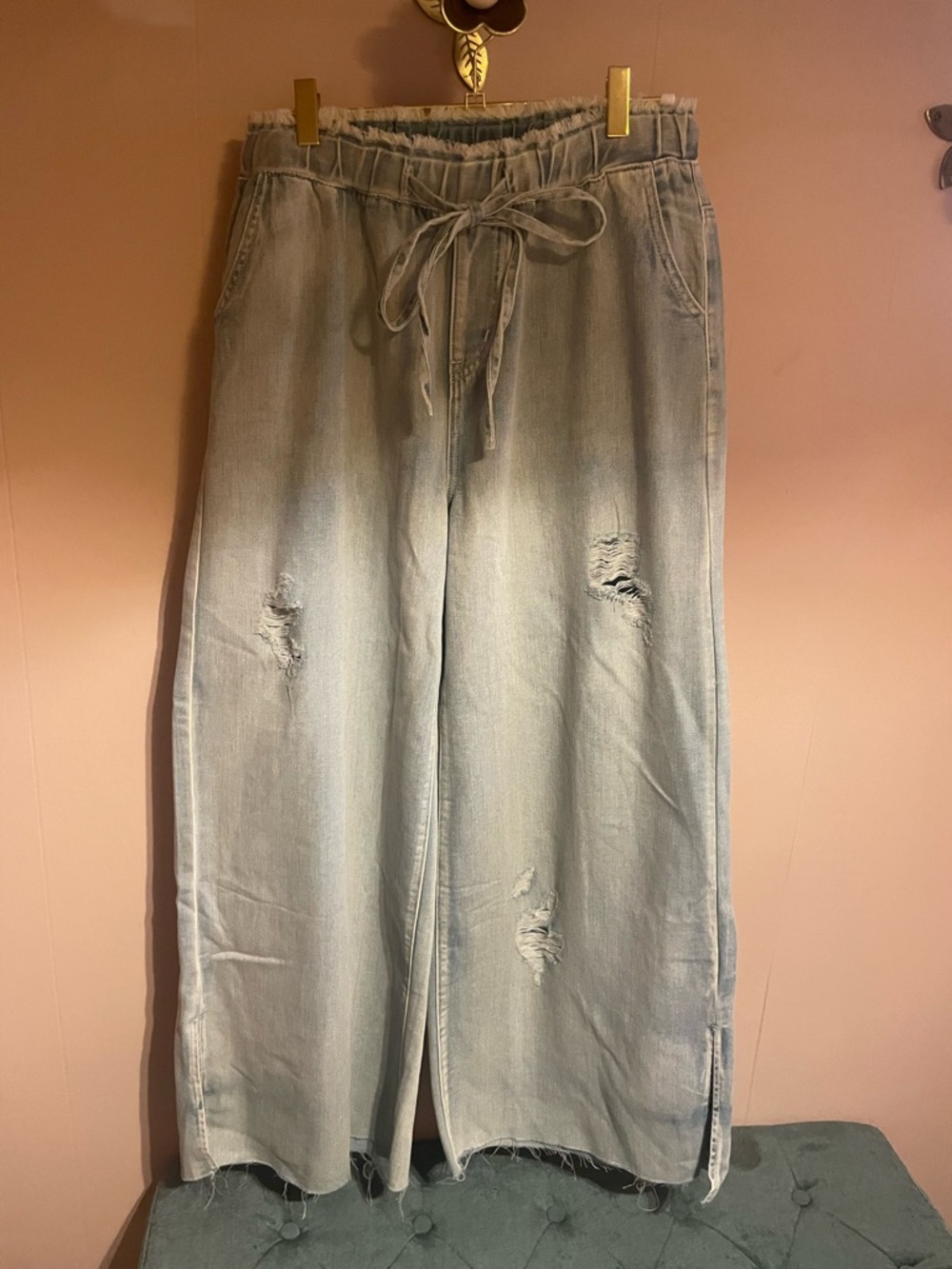 Light Wash Distressed Wide Leg Drawstring Jeans